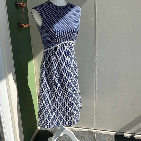 Vintage 60s 70s Navy and White Diamond Print Jacket and Dress Set - Picture 7 of 13